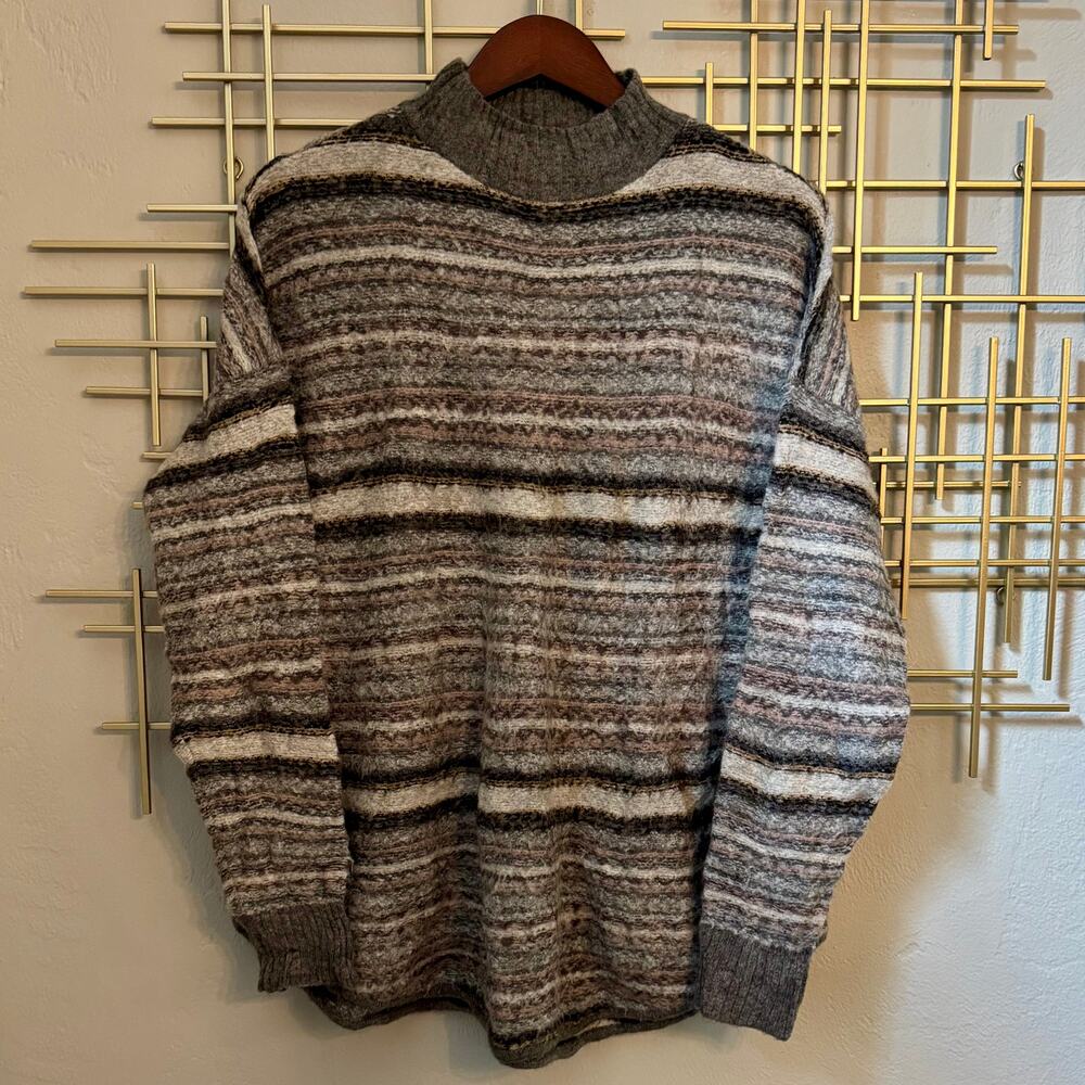 American Eagle Oversized Striped Fuzzy Mock Neck Sweater L